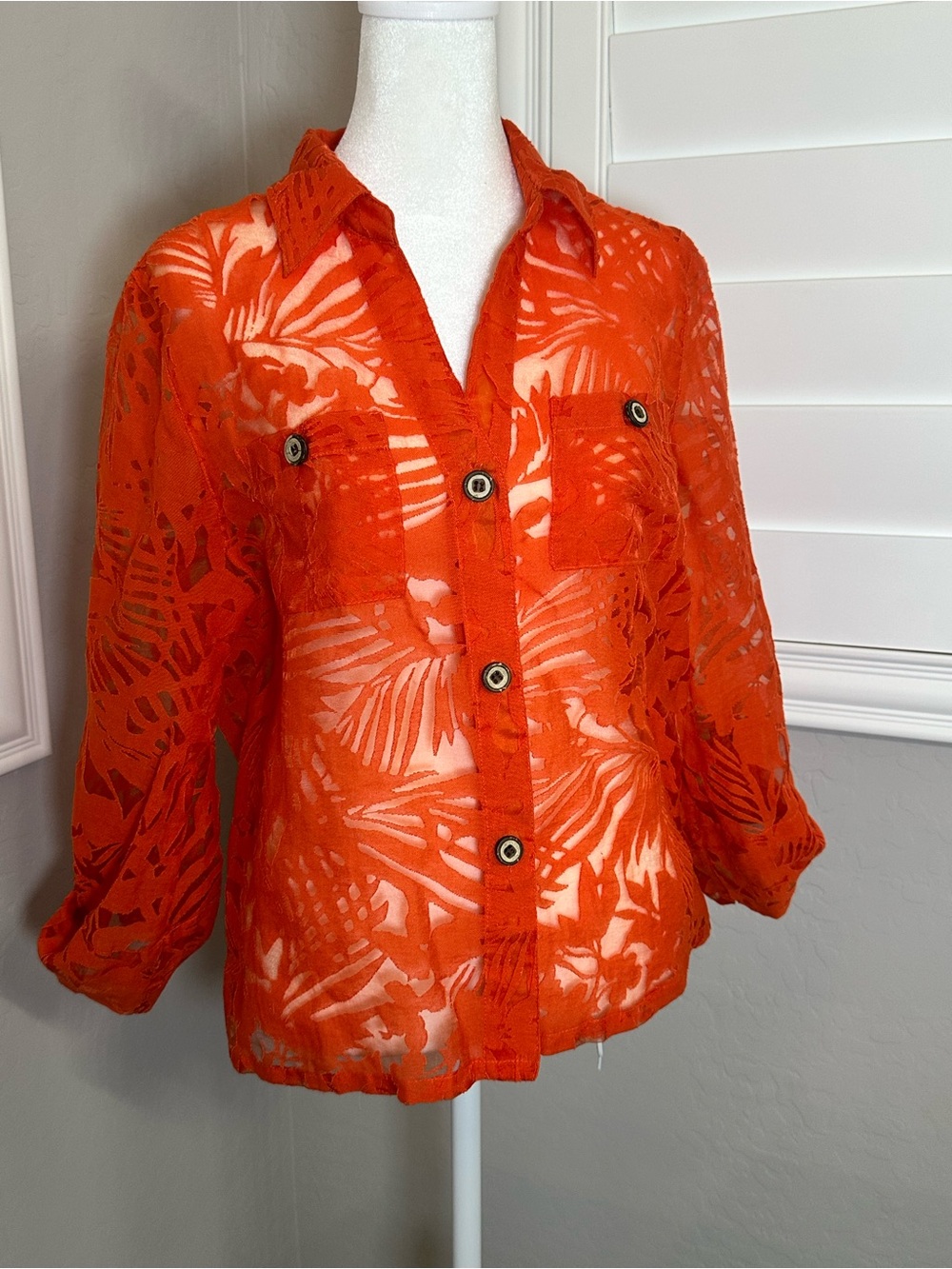 Bundle 4/$25 
Orange Sheer Button-Down Shirt with Leaf Cutout Detail